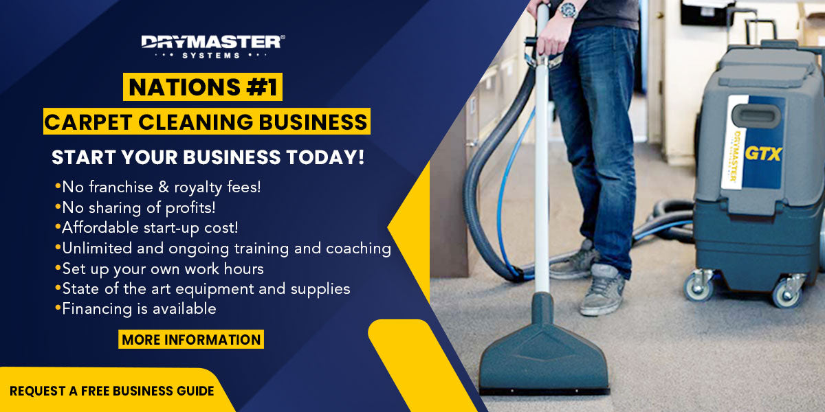 Drymaster Systems affiliate banner with man cleaning carpet with commercial carpet cleaning equipment